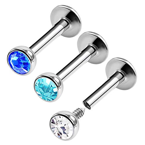 BanaVega 3PCS Surgical Steel Internally Threaded Labret 16g 1/4 6mm 3mm Sapphire Crystal Lobe Earrings Tragus Piercing Jewelry 0456