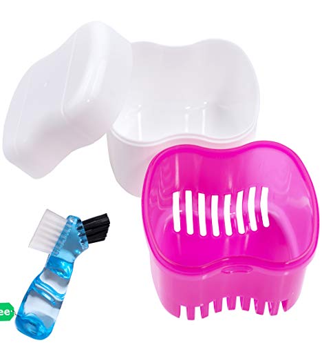 Denture Brush Retainer Case, Denture Case,Denture Cups Bath,Dentures Container with Basket Denture Holder for Travel,Mouth Guard Night Gum Retainer Container (pink)