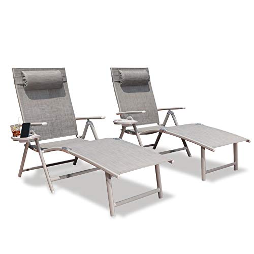 GOLDSUN Aluminum Outdoor Folding Lounge Chairs Adjustable Chaise Lounge Chair Set of 2 with Headrest and Tray for Patio Beach Porch Swimming Poolside (Set of Two, Grey)