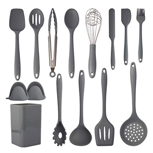 Silicone Cooking Utensils Set, 15pcs Kitchen Utensil Set, Non-stick, High Heat Resistant to 446°F, Kitchen Gadgets Cookware Set of One Piece Design, Kitchen Tools with Holder - Gray (BPA Free)