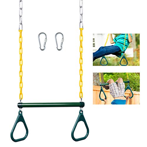 LadyRosian Trapeze Bar for Swing Set - 17'' Gym Rings Swing Set - Heavy Duty Chain Swing Set Accessories with Locking Carabiners - Swing Chains 47'' Long