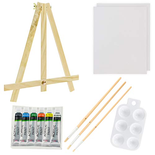 U.S. Art Supply 13-Piece Acrylic Artist Painting Set with Mini Table Easel, Canvas Panel, Brushes & Palette