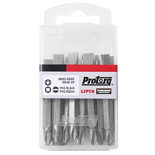 Protorq Double Ended Drive Bits, Phillips 2 and Slotted 8, Phillips 2 and Square 2, 12 pieces with Storage Case