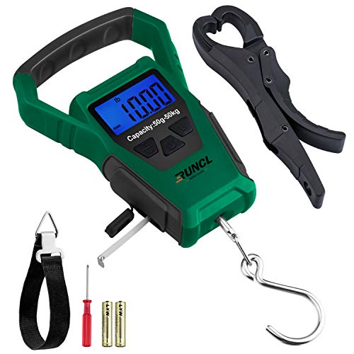 RUNCL Waterproof Fishing Scale with Fish Gripper, Digital Scale with Ruler, Weight Scale 110lb/50kgs - Backlit LCD Display, Water-Resistant Construction, 40in Built-in Tape - Hanging Scale (Green)