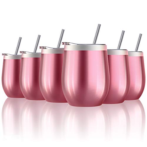 6 Pack Stainless Steel Stemless Insulated Wine Glass Tumbler Cup Gift Set 12Oz Family Double Wall Durable Coffee Mug with Lids,Straws, and Brushes(Rose gold)
