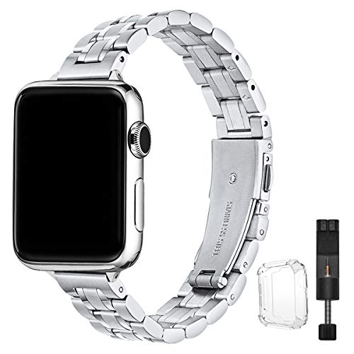 STIROLL Thin Replacement Band Compatible for Apple Watch 38mm 40mm 42mm 44mm, Stainless Steel Metal Wristband Women Men for iWatch SE Series 6/5/4/3/2/1 (Silver, 38mm/40mm)