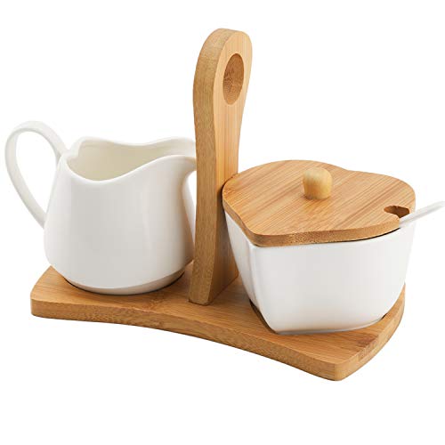 TIANGR Sugar Bowl and Creamer Set, With Lid & Spoon - Ceramic Cream Jug and Sugar Bowl - Coffee Serving Set Wedding Gift - 9 OZ(260ML)