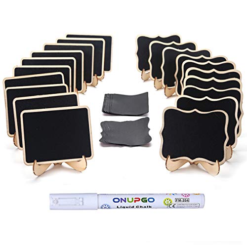 ONUPGO 20 Pack Mini Chalkboards Signs with 1 Liquid Chalk Marker, Small Wooden Chalkboard Labels with Support Easels, Place Cards Food Signs Blackboards for Table Numbers, Weddings, Party Decoration