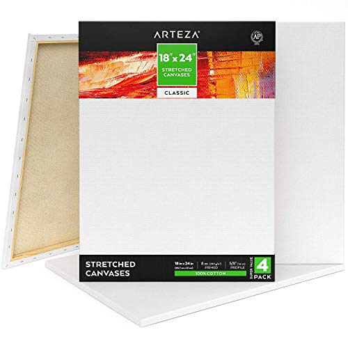 ARTEZA 18x24” Stretched White Blank Canvas, Pack of 4, Primed, 100% Cotton, Acrylic Pouring, Oil Paint & Wet Art Media, Canvases for Professional Artist, Hobby Painters (Class - 4 Pack)