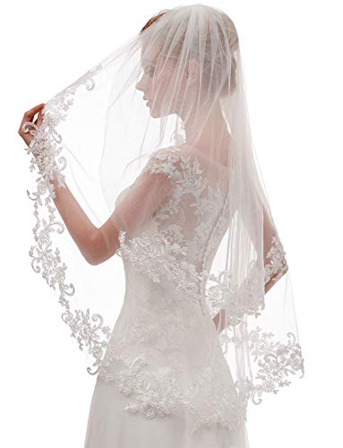 EllieHouse Women's Short 2 Tier Lace Ivory Wedding Bridal Veil with Comb L24IV
