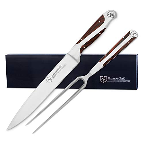 Hammer Stahl Carving Knife and Fork Set - German High Carbon Stainless Steel - Ergonomic Quad-Tang Pakkawood Handles - Professional Meat Carving Knife Set