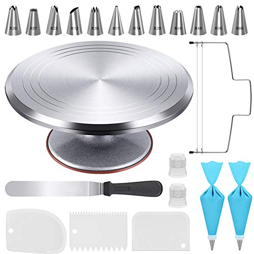 Kootek 22 Pcs Cake Decorating Kit with 12 Inch Aluminum Alloy Revolving Cake Turntable, Cake Leveler, Icing Spatula, 12 Numbered Piping Tips, 2 Silicone Pastry Bags, 2 Couplers, 3 Icing Smoother