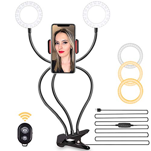 Selfie Ring Light with Cell Phone Holder, Clamp-on Flexible Gooseneck Arms, 3 Light Modes, 10 Brightness Levels, Compatible with Smart Phones for Ins, YouTube, Facebook (Black)