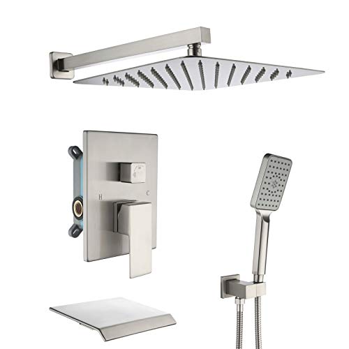 DoBrass Luxury Shower System for Bathroom, Shower fixture Set Complete with 10-inch Square Head, Pressure Balance Valve, Shower Wand and Waterfall Tub Spout, Wall Mounted, Brushed Nickel