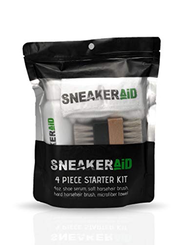 SneakerAid 4 Piece Starter Kit | Sneakers Cleaning and Conditioning Kit | 4oz Shoe Serum, Soft Horsehair Brush, Hard Horsehair Brush, and Microfiber Towel | Natural Ingredients and Safe for All Shoes
