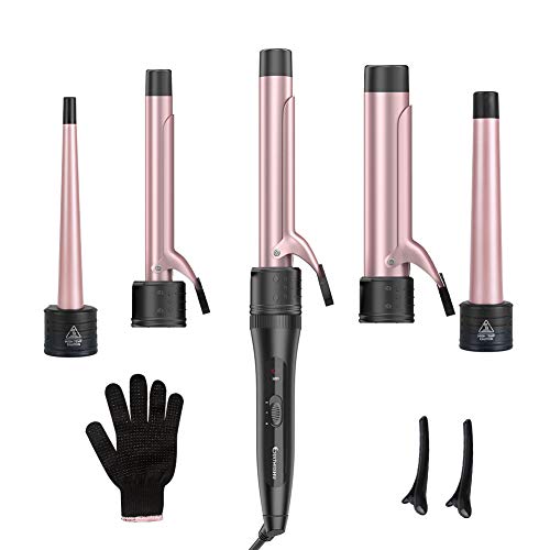 5 in 1 Curling Iron Wand Set with 5 Interchangeable Ceramic Barrels with Clamp and Anti-scalding Tip (0.35'' to 1.25'') and Heat Resistant Glove - Rose Gold, Hair Curler for Women Gifts by Duomishu