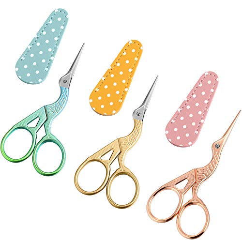 3 Pieces Sewing Embroidery Stork Scissors with 3 Pieces Leather Scissors Cover, Small Stainless Steel Crane Shape Scissors for Manual Sewing Handicraft DIY Tool