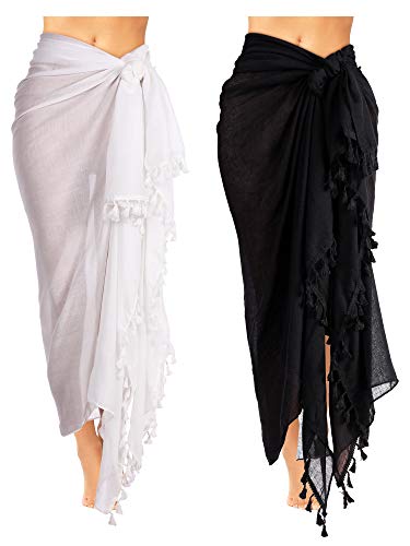 2 Pieces Women Beach Batik Long Sarong Swimsuit Cover up Wrap Pareo with Tassel for Women Girls (43 x 71 Inches)