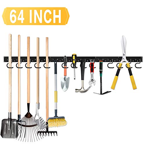 64 Inch Garage Hooks Tool Organizer Wall Mounted, Adjustable Storage System Wall Organizer for Garden Tools, Heavy Duty Tool Hanger for Rake, Mop,Broom and Yard Tools