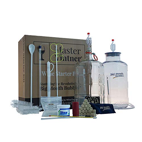 Master Vintner Wine Making Equipment Starter Kit with Plastic Big Mouth Bubbler and Glass Carboy