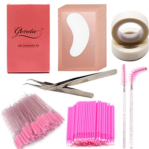 GOROTA Eyelash extension kit，including Stainless Steel Precision Tweezers Set|50 Disposable Mascara Brushes Wands|50 Pairs Under Eye Gel Pads|2 Medical Tapes|100 Micro Applicators Brush