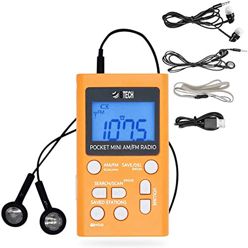 BTECH MPR-AF1 AM FM Personal Radio with Two Types of Stereo Headphones, Clock, Great Reception and Long Battery Life, Mini Pocket Walkman Radio with Headphones (Orange)