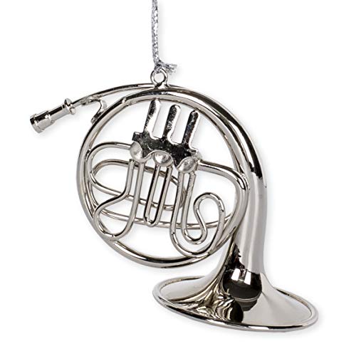Silver French Horn Music Instrument Replica Christmas Ornament, Size 4 inch