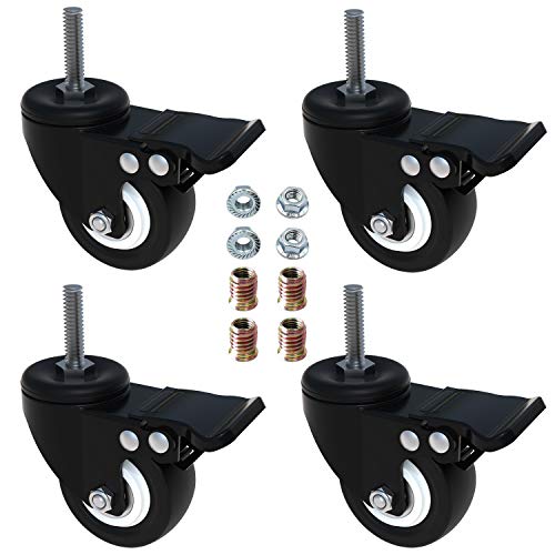 AAGUT 2' Swivel Stem Casters with Brake Lock, Screwed Bolt 5/16'- 18 x 1', Heavy Duty PU Rubber Wheels 4 Pack with Nuts