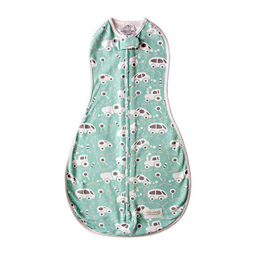 Woombie Original Baby Swaddling Blanket - Soothing, Cotton Baby Swaddle - Wearable Baby Blanket, Buzzy Cars, 5-13 lbs