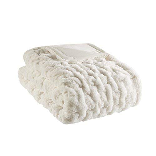 Madison Park Ruched Fur Luxury Throw Ivory 5060 Premium Soft Cozy Brushed Long Fur For Bed, Coach or Sofa