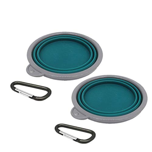 2 Pack,12 oz Collapsible Silicone Dog Bowls,Foldable Travel Dog Feeder with Plastic Rim and D-Ring,Portable Basic Dog Bowl,Foldable Feeding Watering pet Supplies (Green)