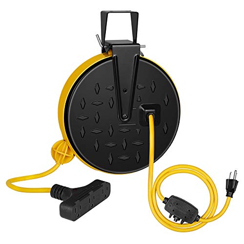 DEWENWILS 30 Ft Retractable Extension Cord Reel, Ceiling/Wall Mount 16/3 Gauge SJTW Power Cord with 3 Electrical Outlets Pigtail for Garage and Shop, 10 Amp Circuit Breaker, Metal Plate, ETL Listed