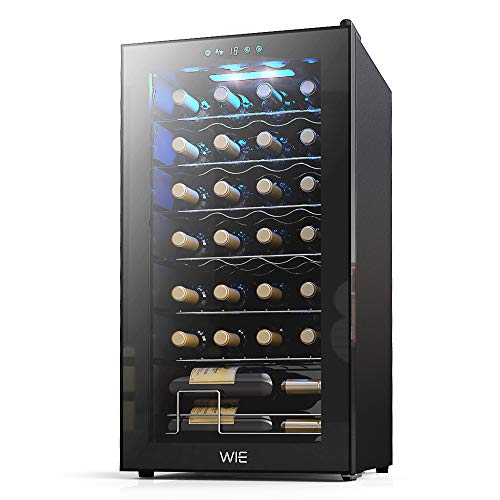 WIE 28 Bottle Compressor Wine Cooler Refrigerator Freestanding Digital Touch Display Wine Cellar UV-Protective Finish Auto-Defrost Double-layer Glass | 41°F-64°F Digital Temperature Control Wine Fridge for Home Bar