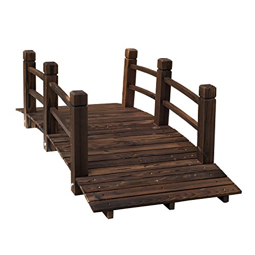 Outsunny 5 ft Wooden Garden Bridge Arc Stained Finish Footbridge with Safety Railings for Your Backyard, Stained Wood