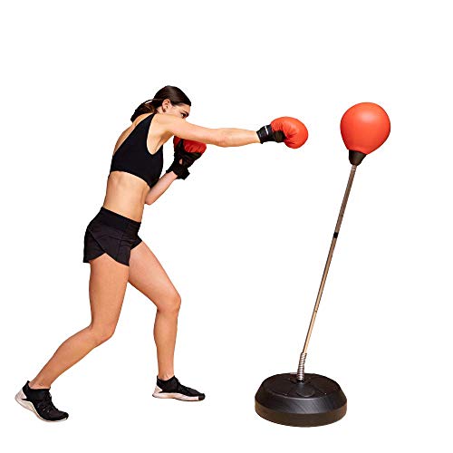 Protocol Reflex Punching Bag Set with Official Weight Boxing Gloves, Hand Pump & Adjustable Height Stand - Strong Durable Spring Withstands Tough Hits for Stress Relief & Cardio Fitness