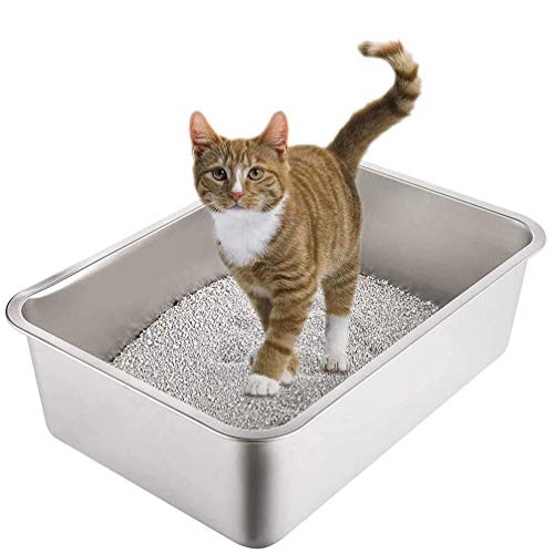 Yangbaga Stainless Steel Litter Box for Cat and Rabbit, Odor Control Litter Pan, Non Stick Smooth Surface, Easy to Clean, Never Bend, Rust Proof, Large Size with High Sides and Non Slip Rubber Feets