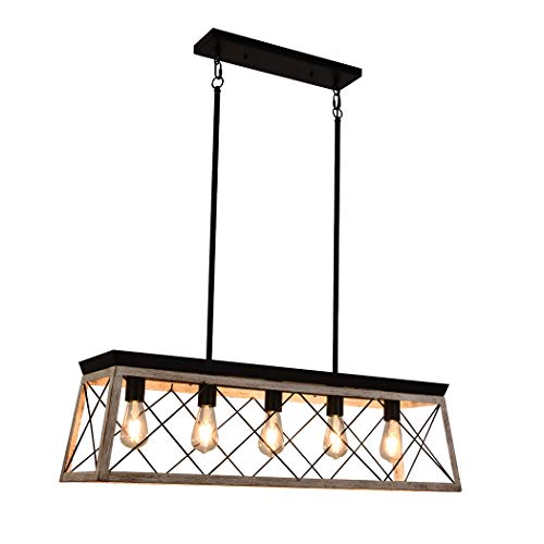 Pendant Ceiling Light Fixture Rustic Farmhouse Island Chandeliers Antique Imitation Wooden Geometric Lamp, Black/ Beige, 5 sockets