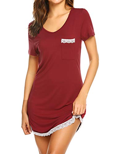 Ekouaer Nightdress Womens Cotton Sleepwear Short Nightgowns Lace Chest Pocket Sleepshirts Wine Red L