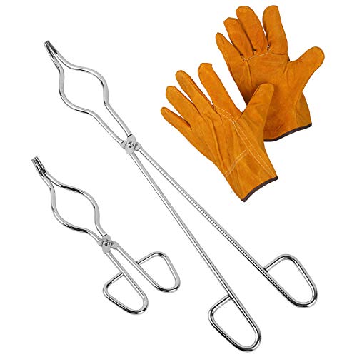 KEILEOHO 16 Inch & 8 Inch Crucible Tongs with General Gloves Set, Stainless Steel Professional Grade Crucible Kit Metal Refining Casting Tool