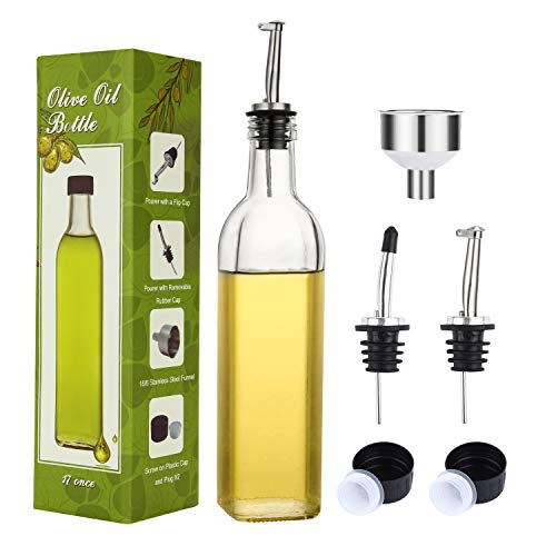 Aozita 17oz Clear Glass Olive Oil Dispenser Bottle - 500ml Oil & Vinegar Cruet with Pourers and Funnel - Olive Oil Carafe Decanter for Kitchen