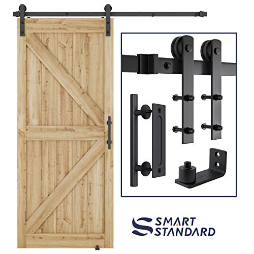 SMARTSTANDARD 6FT Heavy Duty Sturdy Sliding Barn Door Hardware Kit, 6ft Double Rail, Black, (Whole Set Includes 1x Pull Handle Set & 1x Floor Guide) Fit 36' Wide Door Panel (I Shape Hanger)