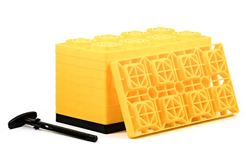 Camco 21023 FasTen 4x2 Leveling Block For Dual Tires, Interlocking Design Allows Stacking To Desired Height, Includes Secure T-Handle Carrying System, Yellow (Pack of 10) (44515)