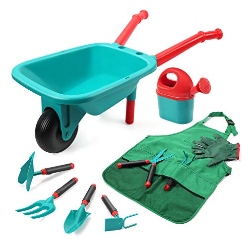 CUTE STONE Kids Gardening Tool Set,Garden Toys with Wheelbarrow,Watering Can,Gardening Gloves,Hand Rake,Shovel,Trowel,Double Hoe,Apron with Pockets,Outdoor Indoor Toys Gift for Kids Toddler Boys Girls