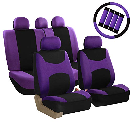 FH Group FB030PURPLE-COMBO Seat Cover Combo Set with Steering Wheel Cover and Seat Belt Pad (Airbag Compatible and Split Bench Purple)