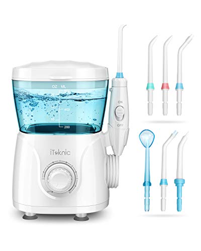iTeknic Water Flosser Dental Oral Irrigator for Teeth Brace Clean with 10 Adjustable Water Pressure, 600ml Capacity, 7 Jet Tips, 180Sec Electric Professional Flosser for Family,FDA Approved