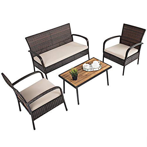 Tangkula 4 PCS Patio Rattan Furniture Set, Outdoor Conversation Set w/Cushions & Acacia Wood Coffee Tabletop, Sectional Sofa Set for Garden, Backyard, Poolside (1, Brown)