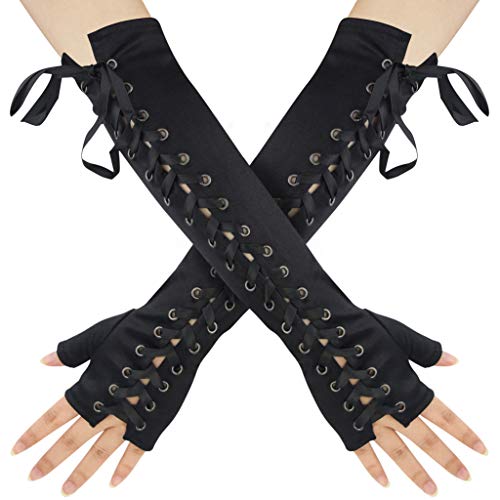 Womens Fingerless Gloves Satin 1920s Elbow Lace Up Punk Costume Arm Warmer for Women Ladies Girls Halloween Christmas BirthdayRetro Evening Opera Party Cosplay Dress Up