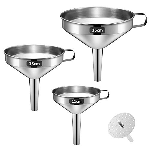 Betrome Stainless Steel Funnel Set of 3 with 1 Removal Stainless Steel Strainer. (6'/5'/4.3')