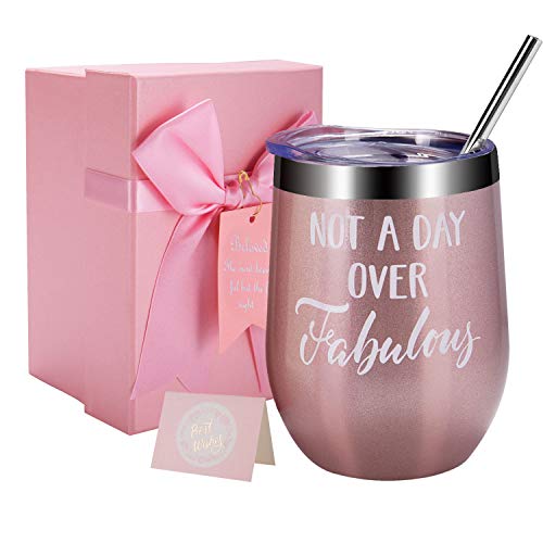 Macrolax Birthday Gifts for Women-Not a Day Over Fabulous Wine Tumbler,Funny Gifts Ideas for Mom,Best Friends,Wife,Daughter, Sister, Her, Coworker (Rose Gold)