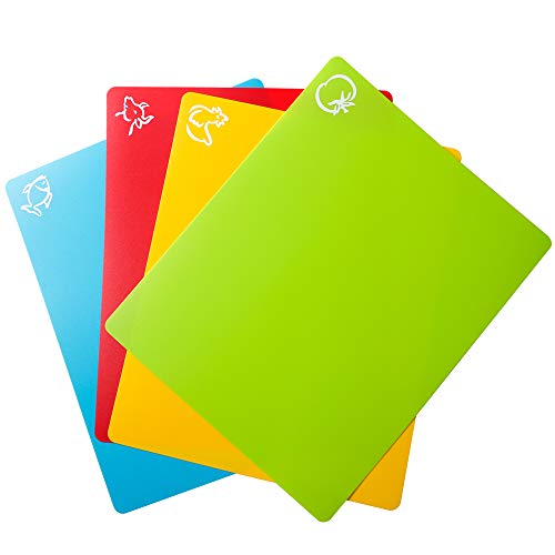 Carrollar Flexible Plastic Cutting Board Mats, Colored Mats With Food Icons, BPA-Free, Non-Porous, Gripped Back and Dishwasher Safe, Set of 4